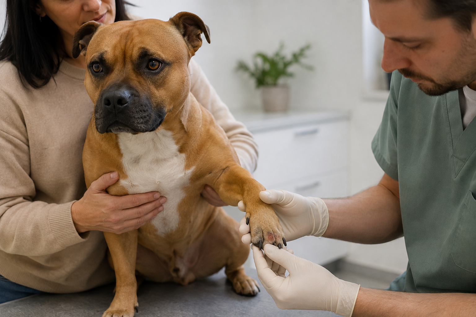 Veterinář vyšetřuje bouli mezi prsty stafordšírského bulteriéra